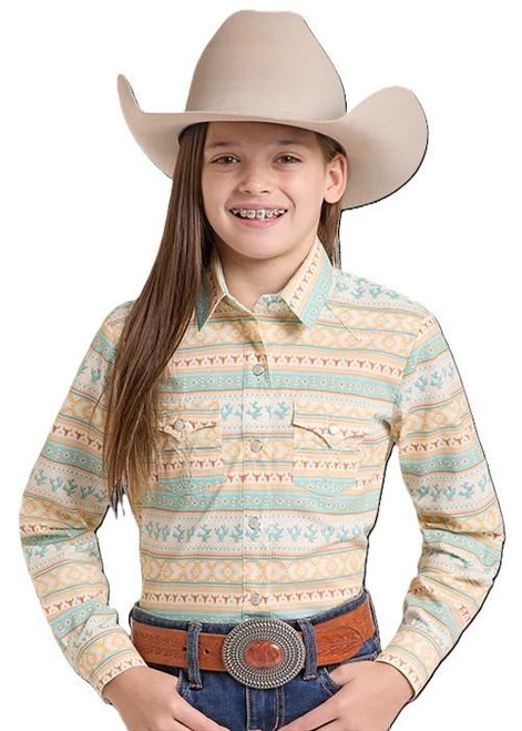 PANHANDLE SLIM Panhandle Slim Girl's Cream Print Long Sleeve Snap Shirt 