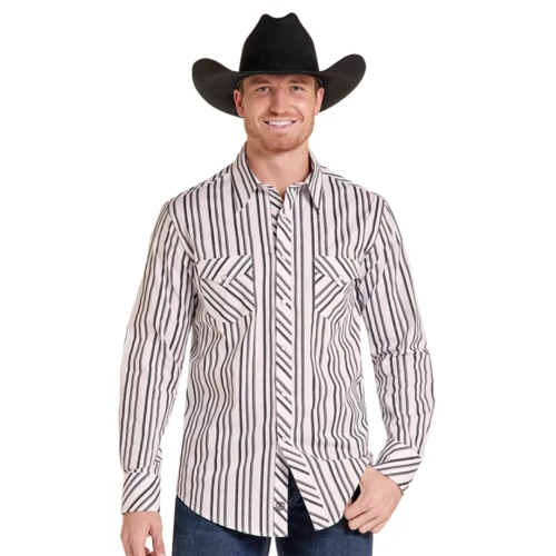 Rock & Roll Denim Men's Grey Stripe Print Snap Shirt