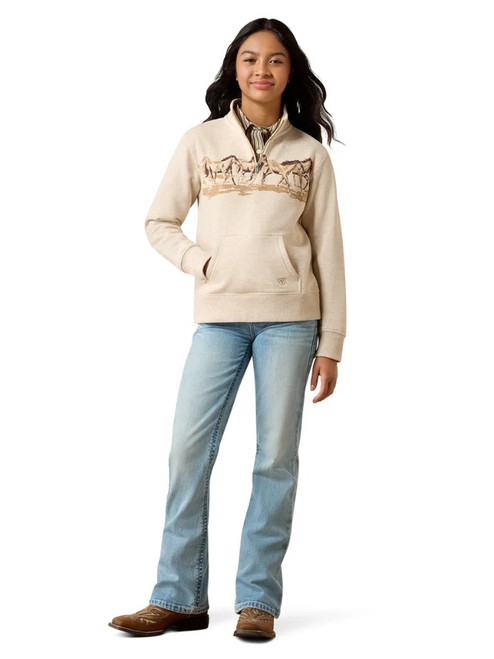 Ariat Girl's Chandail 1/4 Zip Running Wild Sweater - Oatmeal Heather