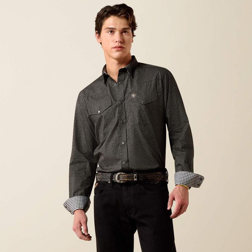 ARIAT Ariat Men's Black Textured Print Wrinkle Free Braven Fitted Snap Shirt 