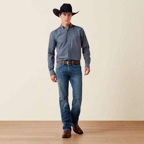 ARIAT Ariat Men's Team Logo Twill Fitted Shirt - Chambray Blue/Saddle Brown 