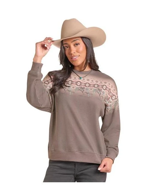 ROCK & ROLL COWGIRL Rock & Roll Denim Women's Cowboy Border Sweatshirt - Light Chocolate 