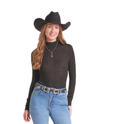 ROCK & ROLL COWGIRL Rock & Roll Denim Women's Lurex Turtleneck Black Top 