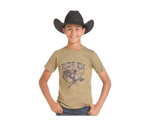 ROCK & ROLL COWBOY Rock & Roll Denim Boy's Olive Ride 'Em Graphic T-Shirt 
