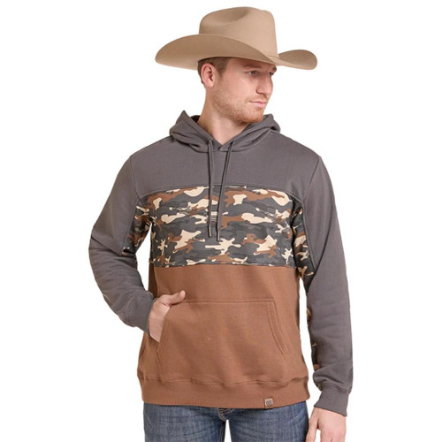 ROCK & ROLL COWBOY Men's Rock & Roll Denim Tan Camo Block Fleece Pullover Hoodie 
