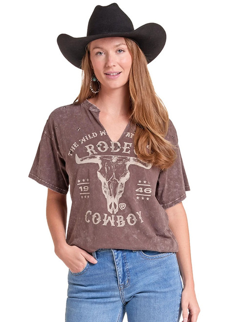 Women's Rock & Roll Denim Oversize Studded Graphic T-Shirt In Brown
