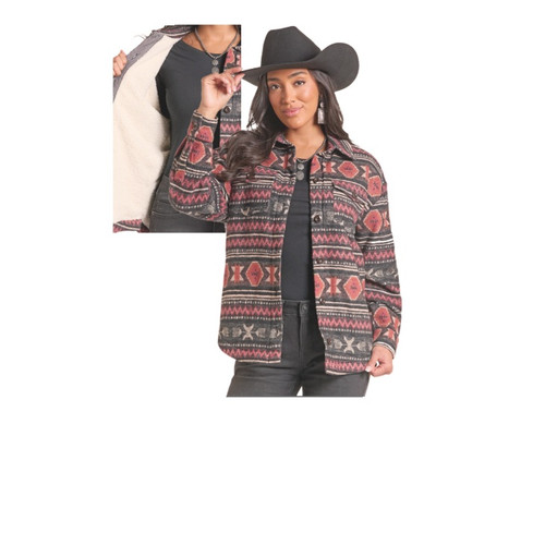 Rock & Roll Denim Women's Aztec Print Jacquard Black Shirt Jacket