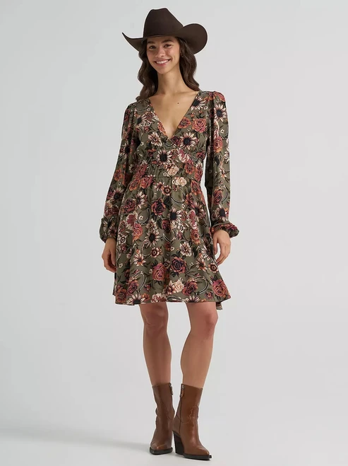 Wrangler Green Floral Women's Smocked Dress
