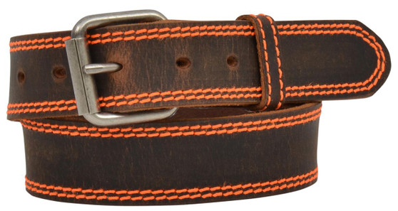 M & F Men's 1 1/4" Brown Distressed w/Bright Orange  Leather Belt  