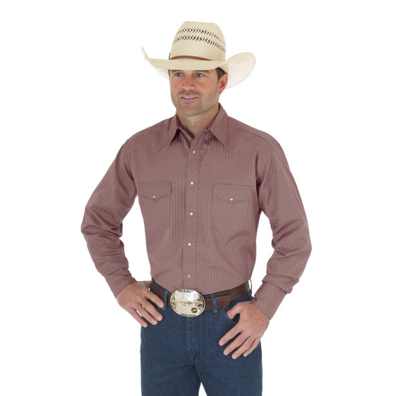 WRANGLER Wrangler Men's Tan Dark Western Snap Dobby Stripe Shirt 