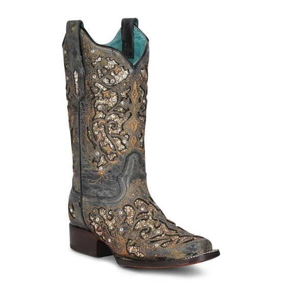 CORRAL Corral Women's Black Glitter Inlay Square Toe Western Boot 