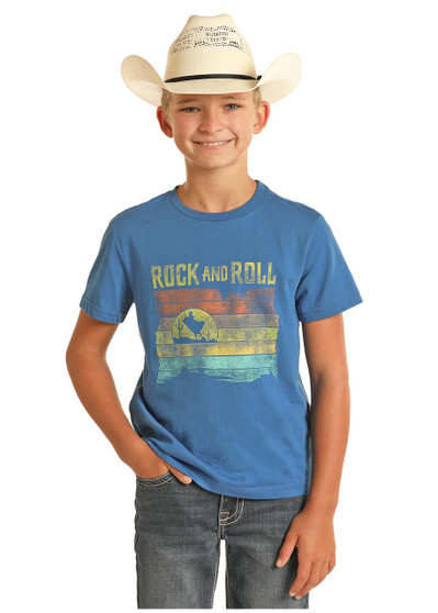 ROCK & ROLL COWBOY Rock & Roll Boy's Retro Bull Rider Blue  Graphic Tee Shirt 