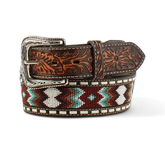 M & F Ariat Men's Brown Zig Zag Beaded Embossed Leather Belt  M & F Ariat Men's Brown Zig Zag Beaded Embossed Leather Belt