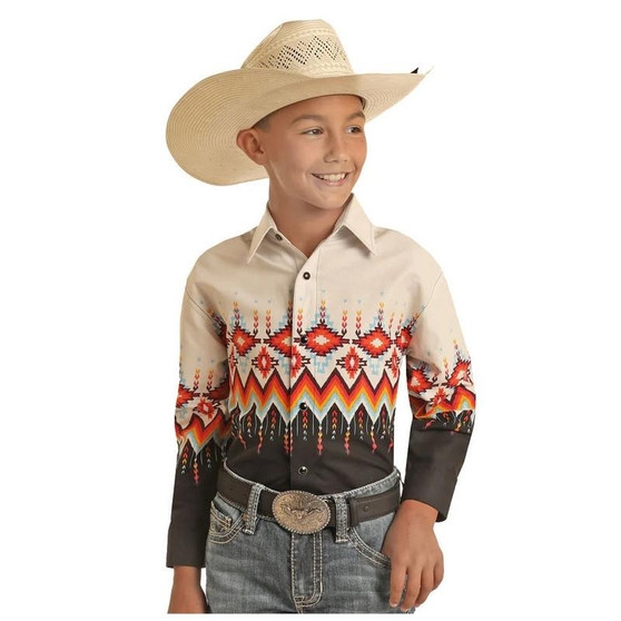 PANHANDLE SLIM Rock & Roll Denim Panhandle Slim Boy's Black Border Print Snap Cotton Shirt 