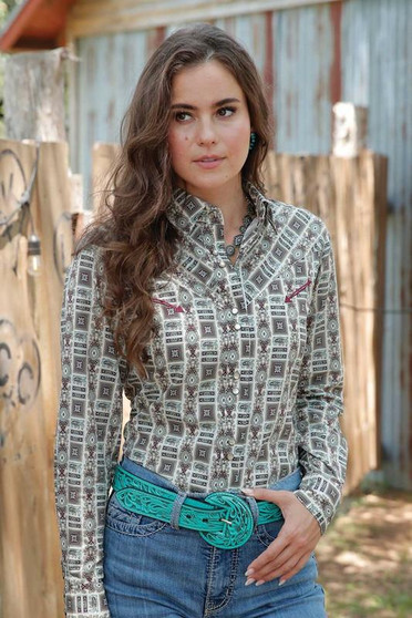 CINCH Cinch Women's Cream Western Print Snap Button Shirt  CINCH Cinch Women's Cream Western Print Snap Button Shirt