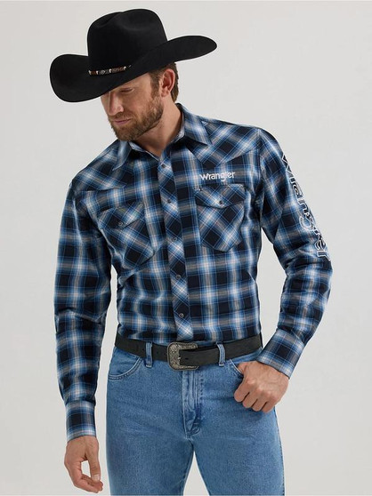 WRANGLER Wrangler Men's Black Embroidered Plaid Print Snap Western Shirt 