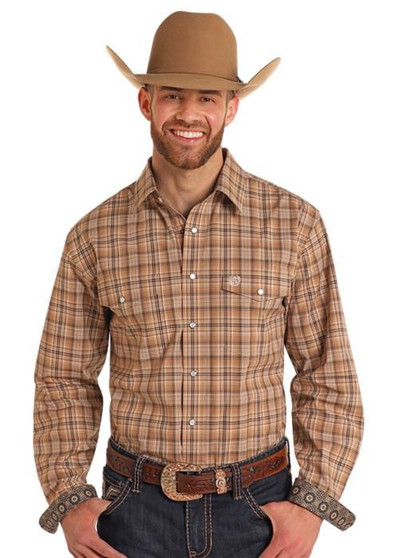 PANHANDLE SLIM Rock & Roll Denim Panhandle Slim Men's Khaki Stretch Plaid Snap Shirt 