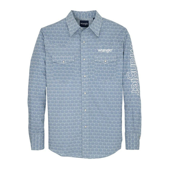 WRANGLER Wrangler Men's Blue Print Logo Snap Western Shirt 