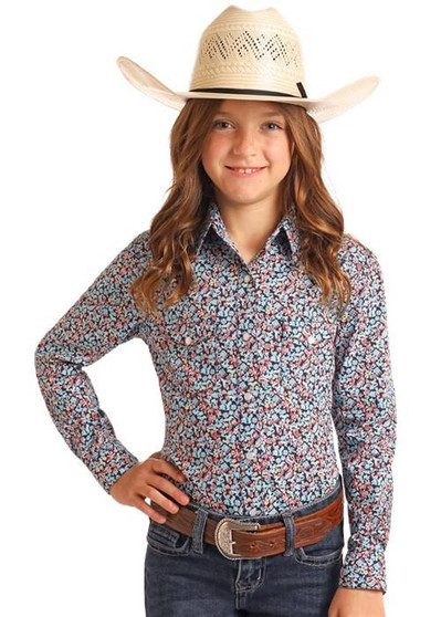 PANHANDLE SLIM Panhandle Slim Girl's Navy Novelty Geo Print Snap Stretch Shirt  PANHANDLE SLIM Panhandle Slim Girl's Navy Novelty Geo Print Snap Stretch Shirt