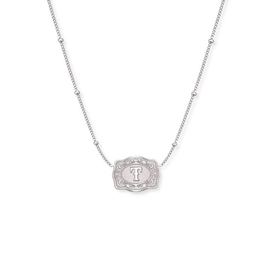 SPUR WEST SpurWest Silver Initial "T" Ultra Mini Belt Buckle Beaded Chain Necklace  SPUR WEST SpurWest Silver Initial "T" Ultra Mini Belt Buckle Beaded Chain Necklace