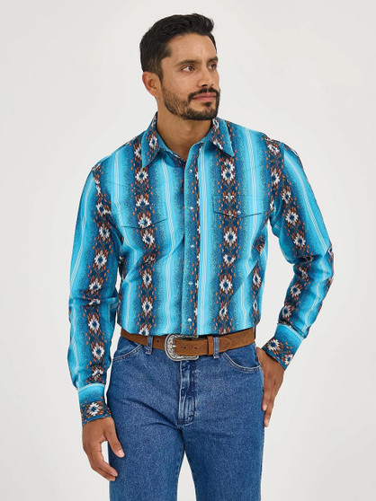 WRANGLER Wrangler Men's Sea Salt Blue Checotah Western Snap Printed Tall Shirt  WRANGLER Wrangler Men's Sea Salt Blue Checotah Western Snap Printed Tall Shirt