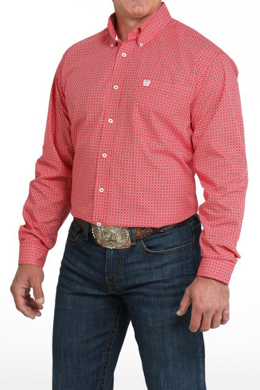 CINCH Cinch Men's Red Weave Geometric Print Button Down Shirt  CINCH Cinch Men's Red Weave Geometric Print Button Down Shirt