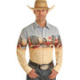 PANHANDLE SLIM Rock & Roll Denim Panhandle Slim Men's Tan Truck Border Print Snap Cotton Shirt 