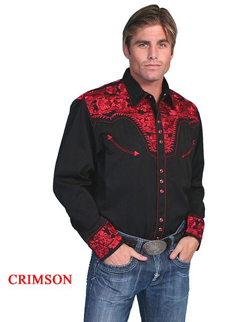 Scully Floral Tooled Embroidery - Men's Western Shirt / Crimson / Small Scully Floral Tooled Embroidery - Men's Western Shirt / Crimson / Small