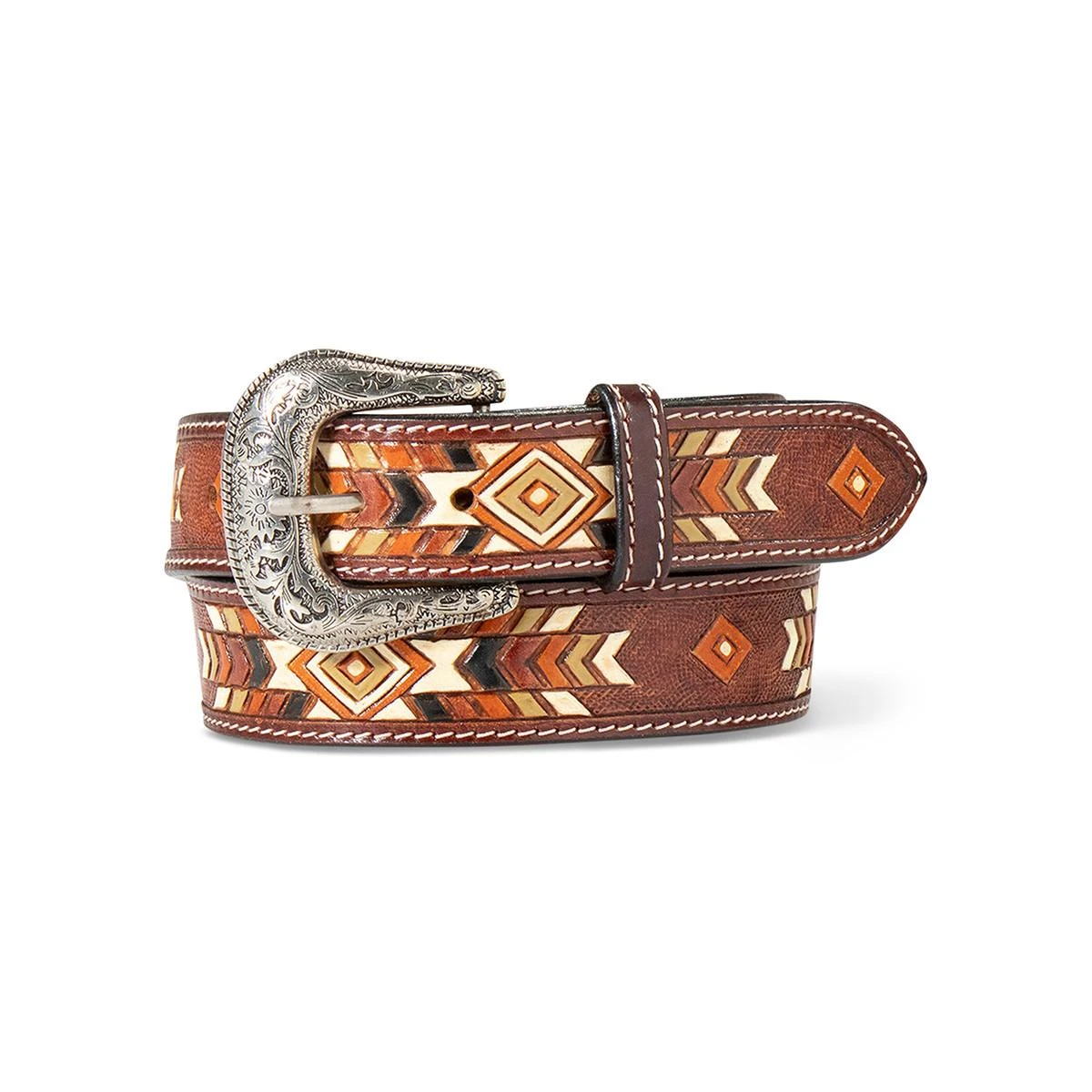 Silver Western Buckle Set w. Vintage Hand Painted Tooled Belt Montana Silversmiths Tooled Leather Western Belt: Silver  main image 3