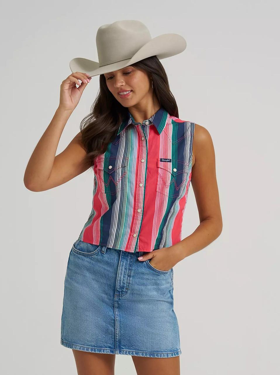 VAQUERA タンクトップ 11747391 Wrangler Retro Brushpopper Pink Stripe Slim Crop Snap Tank Top