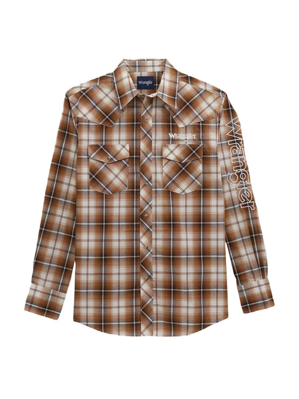 Wrangler Saddle Creek Brown Plaid Western Snap Shirt for Men