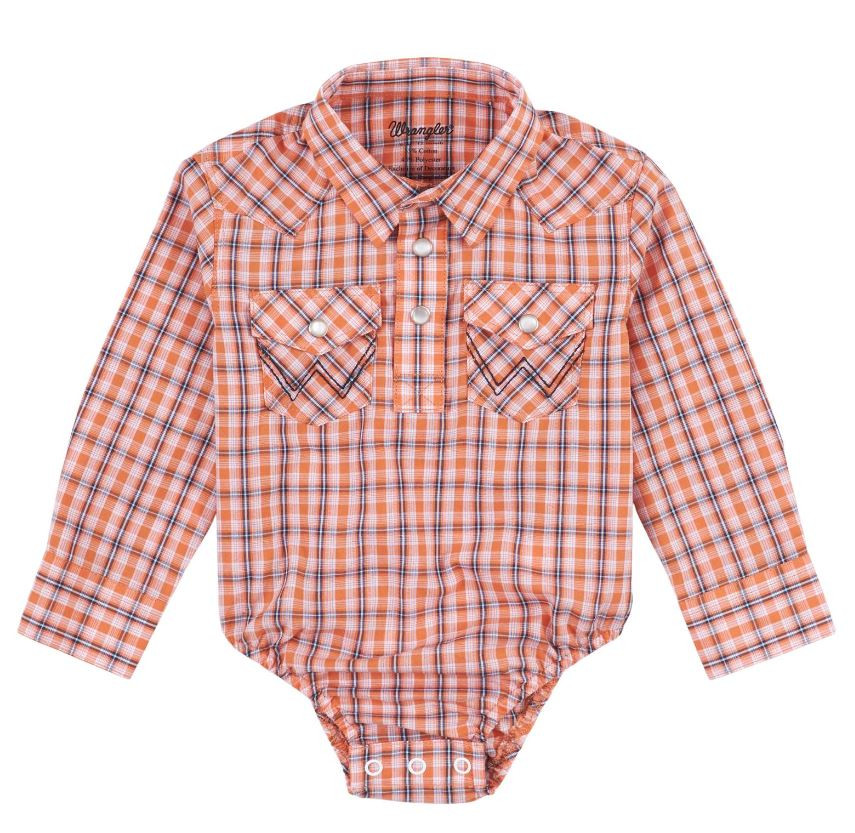 Wrangler Infant Child's Baby Boy Orange Plaid Snap Western Onesie Bodysuit  - Jackson's Western