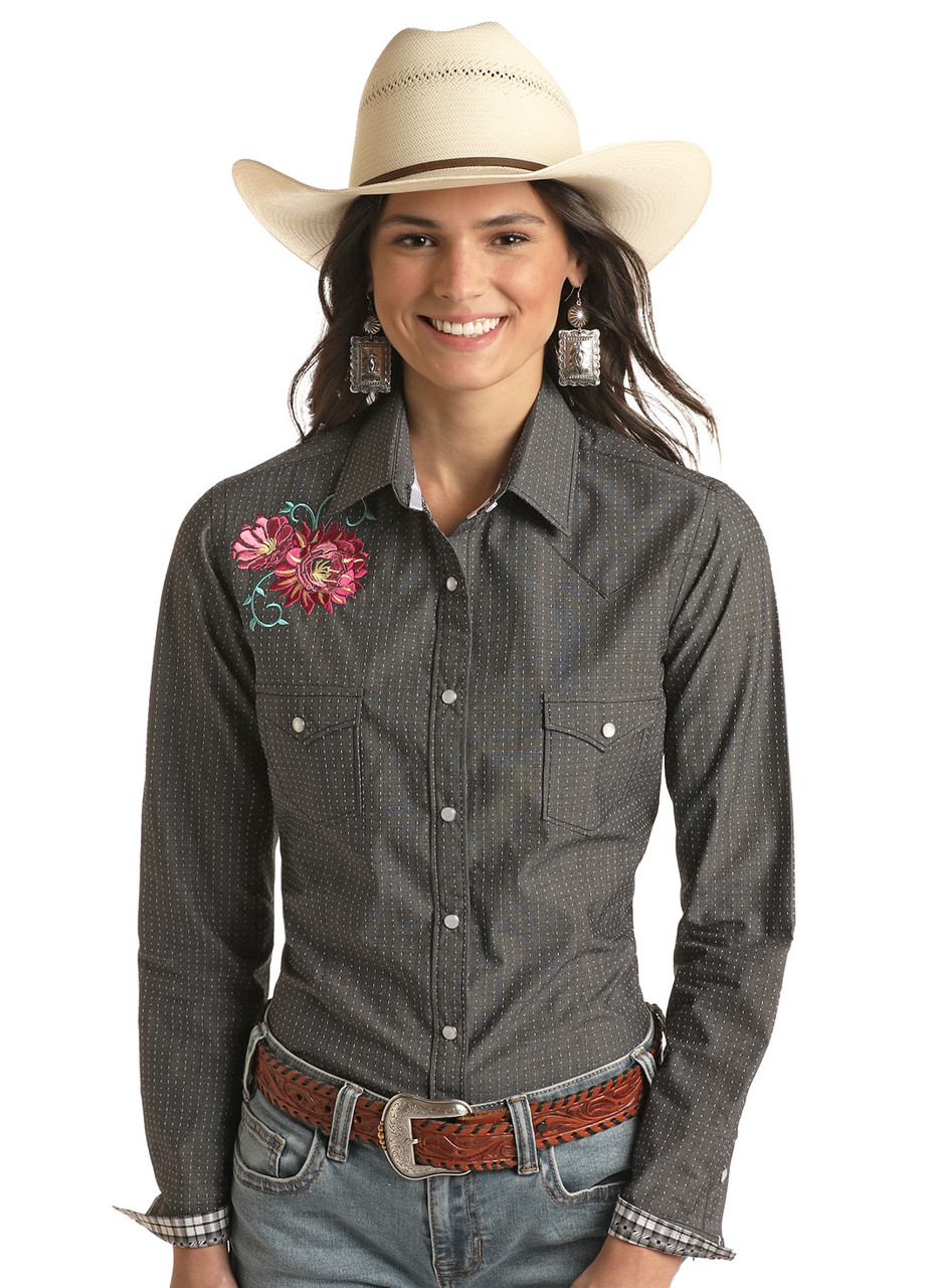 Roughstock Women's Black Embroidered Floral Snap Western Shirt - Jackson's  Western