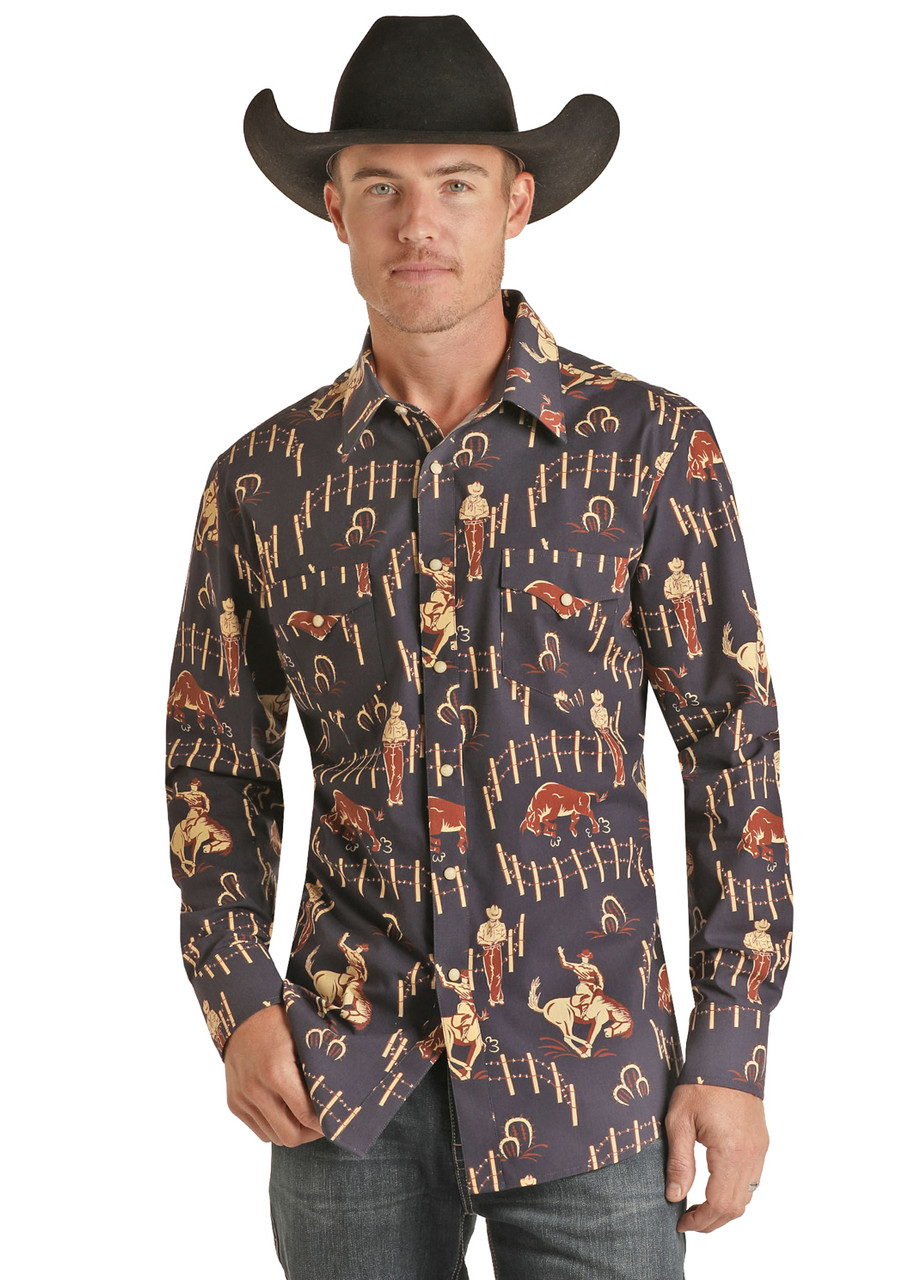 Rock & Roll Cowboy Men's Vintage Navy Rodeo Print Snap Western Shirt