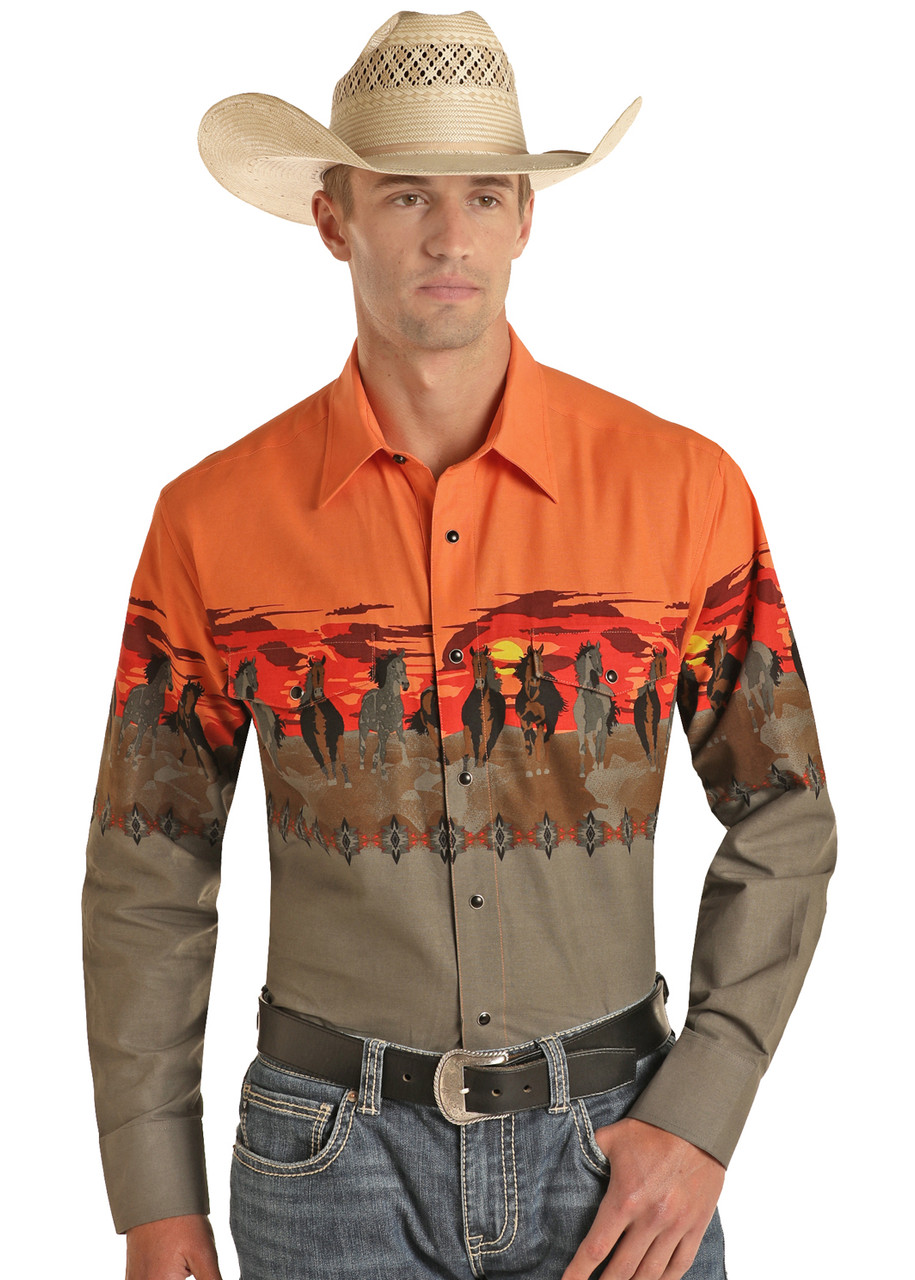 Panhandle Men's Running Horses Border print Snap Western Shirt - Jackson's  Western