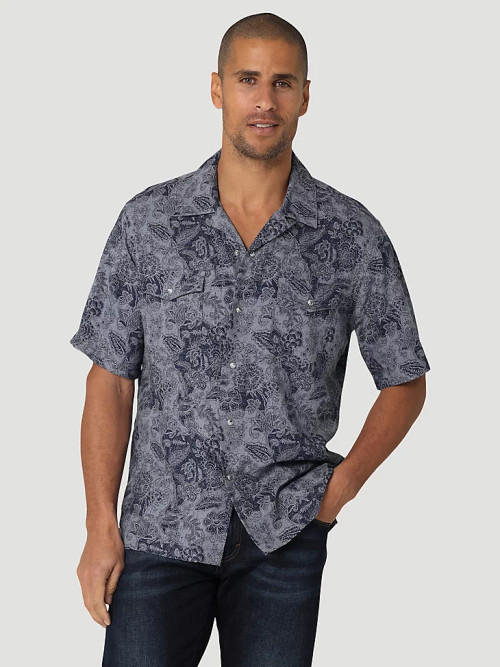 CINCH Jeans  Men's Hawaiian Print Short Sleeve Camp Shirt - Blue