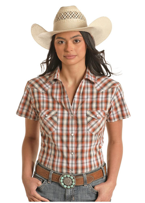 Panhandle Women's Roughstock Orange Plaid Short Sleeve Snap
