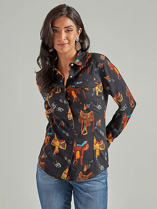 Women's Retro Saddle Up Western Snap Shirt Black - Jackson's Western