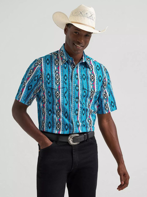 Wrangler Men's Checotah Short Sleeve Western Snap Shirt Blue