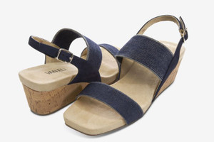 Vaneli square toe wedge sandal. Elastic straps. Buckle with hidden elastic insert. Padded insole. 1.75 inch cork wedge heel.