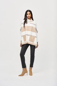 Bold stripes, a cozy cowl neckline, and a brushed sweater knit come together to create this luxurious Joseph Ribkoff poncho that feels like a soft, warm blanket. Bold stripes, a cozy cowl neckline, and a brushed sweater knit come together to create this luxurious Joseph Ribkoff poncho that feels like a soft, warm blanket.