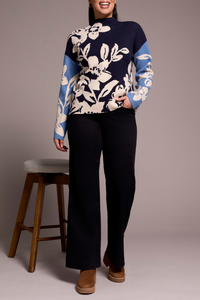 Tribal intarsia design funnel neck long sleeve sweater in sapphire Tribal intarsia design funnel neck long sleeve sweater in sapphire
