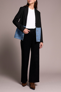 Tribal Blue Thread Mixed Media Pin Stripe & Denim Blazer Tribal Blue Thread Mixed Media Pin Stripe & Denim Blazer