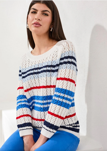 Tribal Striped Cotton Crew Neck Sweater with Cable Detail