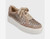 Perforated leather lace-up fashion sneaker. Metallic-flecked laces. Padded heel counter. Ultra-padded removable insole. 1.5 inch rubber sole.