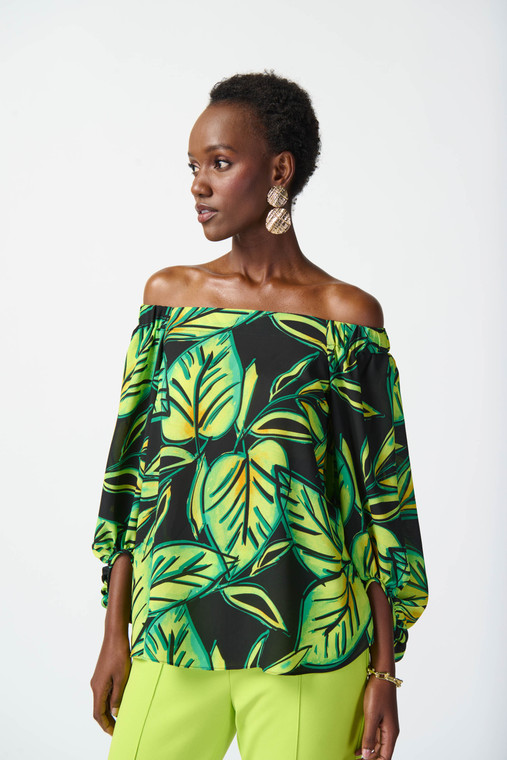 Joseph Ribkoff leaf print top features three-quarter off-the-shoulder puff sleeves