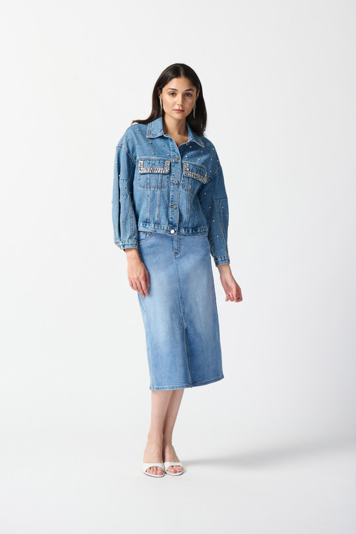 Joseph Ribkoff embellished denim boxy silhouette jacket with drop shoulders in medium blue