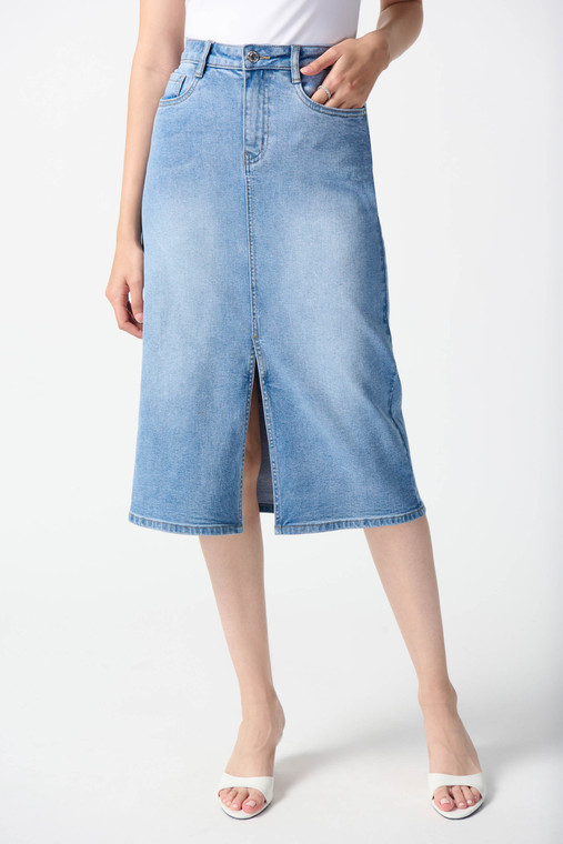 Joseph Ribkoff medium blue denim skirt tailored in a flattering A-line silhouette and a lovely midi length