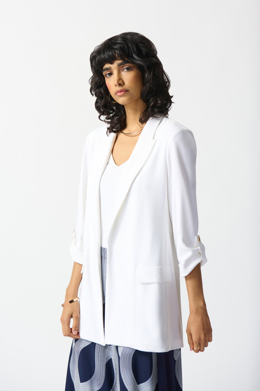 Joseph Ribkoff silky knit straight blazer with notched collar and three-quarter folded sleeves with tab