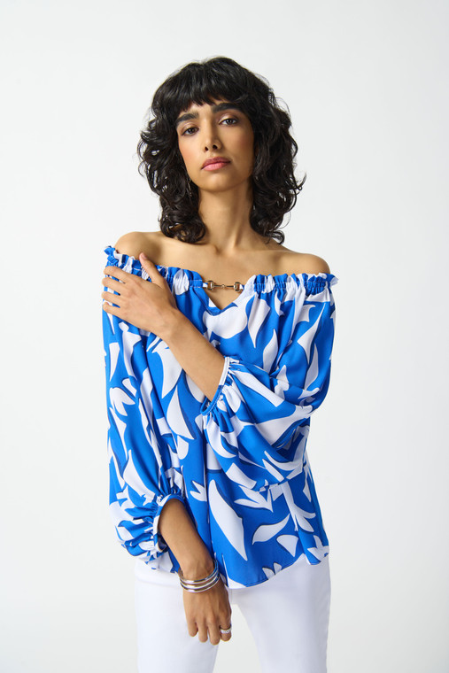 Joseph Ribkoff off-the-shoulder abstract print georgette fabric top with keyhole closure in blue/vanilla